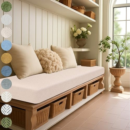 Custom Bench Cushions, Cat Claw Leather Fabric Bench Cushions for Indoor/Outdoor Furniture, Mudroom, Reading Nook, Kitchen Dining Room, Breakfast Nook, 75D High-Resilience Foam, Waterproof, Non Slip - color: [Herringbone Weave] Light Beige