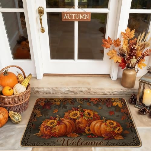 Pumpkins Welcome Door Mat, Seasonal Rustic Sunflower Welcome Fall Orange Rubber Non-Slip Decorative Doormat Entryway Decor for Front Porch Bathroom Office 29x17 Inch