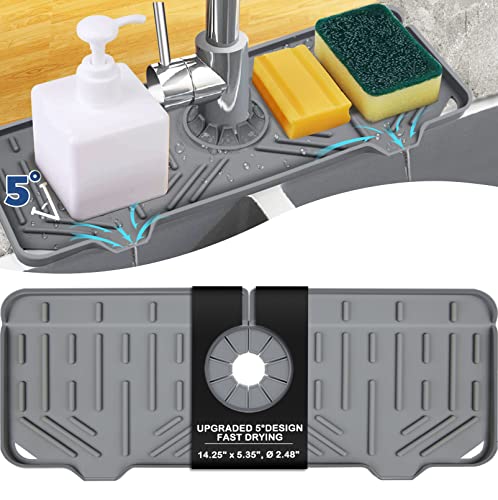 BFONS Silicone Faucet Handle Drip Catcher Drying Tray Mat Dish Soap Sponge Holder Accessories Gadgets for Kitchen Counter Bathroom Kitchen Sink Splash Guard -Grey - size: Grey(1Pack): 14.25"x5.35"