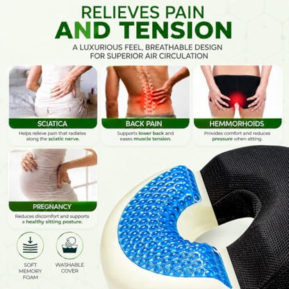 Donut Gel Sitting Pillow - Orthopedic Memory Foam for Tailbone Pain, Hemorrhoid, Bed Sores, Postpartum, Prostate, Coccyx & Sciatica Pain