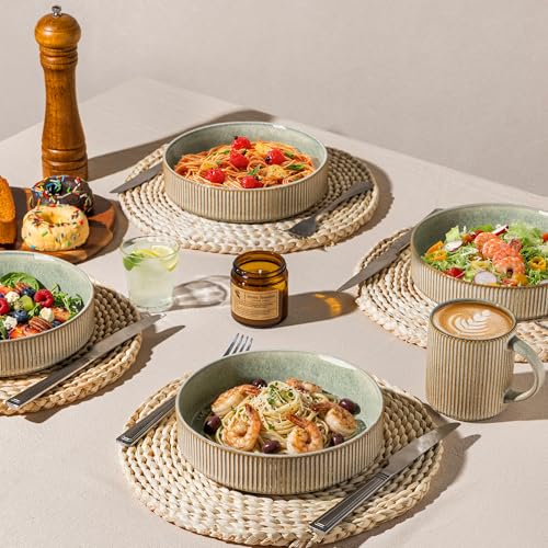 GBhome 7.5 Inch Pasta Bowls Set of 4, Ceramic Salad Bowls, Sage Desert | Double Reactive Glaze Bowls for Pasta, Noodles & Fruit, Scratch Resistant, Microwave & Dishwasher Safe - color: Sage Desert, size: Set of 4