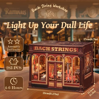 Book Nook Kit - Miniature Kit for Adults Music Store | DIY House 3D Wooden Puzzles Bookshelf Diorama Model Kit Gifts for Women Teenagers (Bach Strings) - style: Bach Strings
