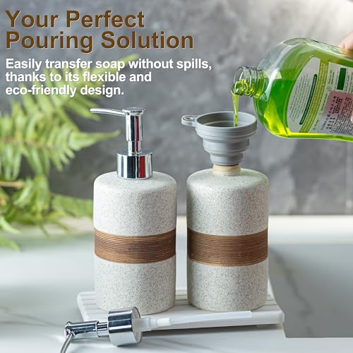 2 Pack Ceramic Soap Dispensers Set, Hand and Dish Soap Dispenser | Shampoo and Conditioner Dispenser Set, for Bathroom and Kitchen | with Stainless Steel Pump, Silicone Funnel and Tray, White - color: White and White, size: 2xSoap Dispenser Set with Tray