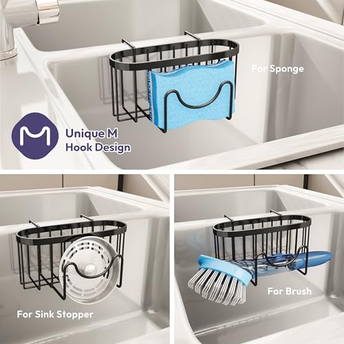 SWTYMIKI Sponge Holder for Kitchen Sink - Movable Kitchen Sink Caddy with M Shape Hook, Stainless Steel Hanging Sponges Caddy Organizer in Double Bowl Sinks Depth>3.15in, Middle Divider<1.5in, Black - color: Black-regular