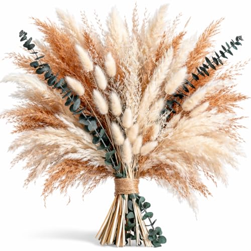 Dried Flower Bouquet - Pampas Grass, Bunny Tails, Olive Green Eucalyptus & Preserved Flowers - Boho Chic Home Decor, Rustic Wedding Centerpiece, Farmhouse Style Arrangement (Vase Not Included)