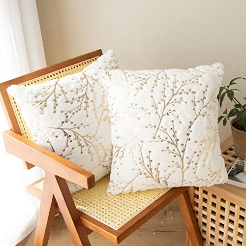 LIGICKY Set of 2 Fluffy White Faux Fur Pillow Covers Gold Branches Glitter Throw Pillows Decorative Soft Furry Sparkling Square Cushion Cases for Sofa Bedroom Party Décor 16x16inch（Double Sided Fur - color: White Gold, size: 16" x 16" (Pack of 2)