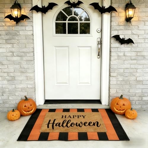 SEEKSEE Happy Halloween Doormat Set, Thick Coco Coir Door Mat + Orange and Black Striped Rug, Outdoor Layered Mat for Front Door Non-Slip Backing Floor Mat for Porch - color: Happy Halloween - Orange Black Striped, size: 2'3" x 3'7" (Rectangular)