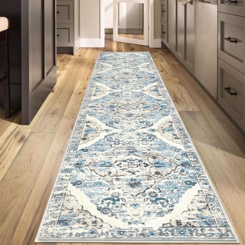 HEBE Hallway Runner Rug 2'8''x12', Washable Non Slip Kitchen Rug Runner | Soft Boho Bedroom Runner Rug, Vintage Distressed Low-Pile Floor Carpet Runners for Hallway, Entrance, Bathroom, Laundry - color: Blue, size: 2'8" x 12' (Rectangular)
