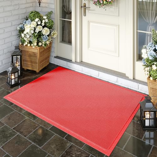 Front Door Mat Outside Entrance Drainage Doormat Red 31"x47" | Outdoor Welcome Mats For Patio Waterproof, Dirt Trapper with Non-Slip Rubber Backing, Dirt Mat for Garage Home Pool Entrance - color: Red, size: 31''x47''