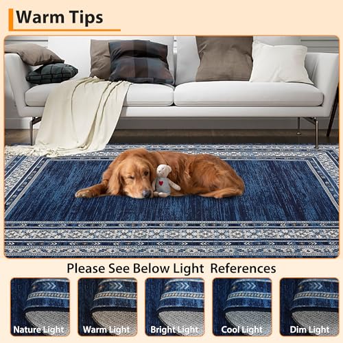 Modern Solid Area Rug 5x7 Washable Non Slip Neutral Rugs for Living Room, Non-Shedding Stain Resistant Bordered Throw Carpet, Neutral Foldable Floor Rugs for Bedroom Dining Table, Blue | Non Slip Neutral Border Non Shedding Stain Resistant Low Pile Foldab