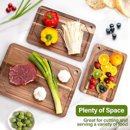 WILLKOMMEN Acacia Wood Cutting Board for Kitchen, 3-Piece Chopping Boards Set with Stand, Juice Groove, Handles & Hanging Holes, Butcher Block for Meat, Vegetables (Small, Medium, Large) - color: Acacia Wood Set of 3 with Hole