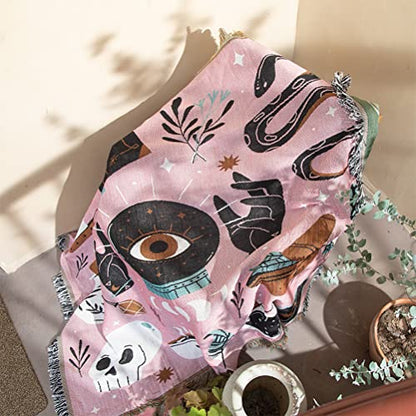 Divination Tarot Card Snake Skull Devil Eyes Throw Woven Blanket with Tassel for Home Decoration Chair Couch Sofa Bed Beach Travel Picnic Cloth Tapestry Shawl Cozy Cotton (Pink 63×51 Inches)