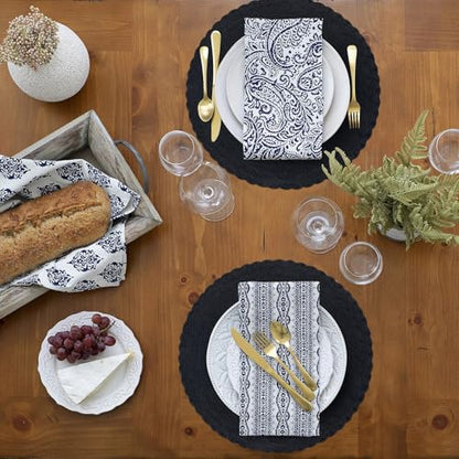 SHACOS Round Placemats Set of 6 Woven Round Table Mats 15 inch Braided Border Washable Cotton Polyester Circle Place Mats, Black - color: Black, size: 6 pieces