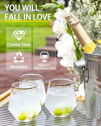 40 Pack Plastic Wine Glasses, 12 Oz Disposable Cocktail Whiskey Glasses | Gold Rimmed Diamond Stemless Champagne Margarita Glasses, Clear Unbreakable Reusable Plastic Cups for Party Wedding Birthday - color: Gold Rim-40 Pack