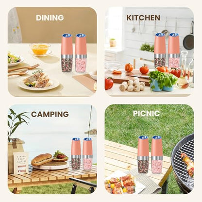 Battery Gravity Salt Pepper Grinder Set, 2 Pack (Pink) | Gravity Automatic Grinder With LED Light & Adjustable Roughness, Each Requires 6 AAA Batteries For Kitchen Daily Seasoning - color: Battery/Set/Pink