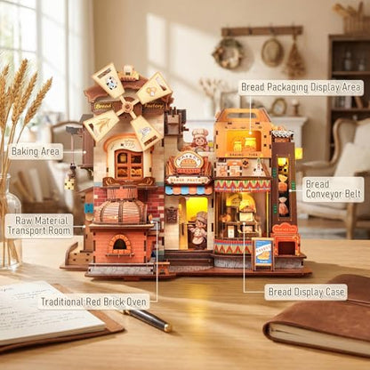 Fsolis 3D Wooden Puzzles for Adults - Mechanical Bread Factory Building Kit | Rotating Miniature House Kit with Music & Lights & Steam Effect, 572pcs, Gifts for Experienced Builders Model Project Lovers - style: Bread Factory