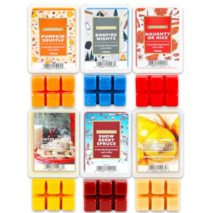 Cozy Holiday Scented Wax Melts Bulk Pack - Bundle with 6 Assorted Fall and Winter Strong-Scented Cubes Pumpkin Souffle, Milk & Cookies, Pear, More | Long-Lasting Wax Melts Set