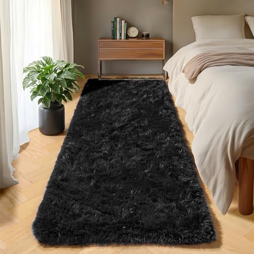Black Runner Rugs for Bedroom Living Room, 2x6 Bedside Fluffy Area Rug, Indoor Ultra Soft Plush Shaggy Furry Floor Throw Carpet for Hallway Nursery Kids Boys Girls Dorm Closet Home Decor - color: Black, size: 2' x 6' (Runner)