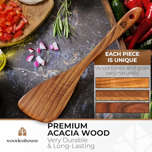 Wooden Spatula for Cooking, 12" Flat Wooden Spoon & Scraper for Frying | Natural acacia hardwood turner, nonstick & cast iron safe, non toxic, long comfort grip handle, easy to clean