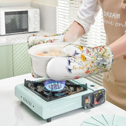 Wildflowers Oven Mitts and Pot Holders Sets for Kitchen Silicone Watercolor Flowers Oven Gloves Heat Resistant Blooming Flower Oven Mitts with 2 Non-Slip Pads Kitchen Gloves for Cooking - color: Red Blue