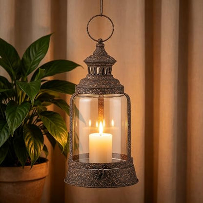 14" Twakutwaku Verstile Farmhouse Metal Hurricane Lantern in Rustic Brown, Glass Candlestick Holder, Decorative Pillar Candle Holder, Glass Dome Cloche Display (Rustic Brown, Medium)
