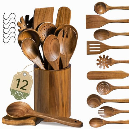 12 PCS Natural Acacia Wooden Utensil Set Wooden Spoons for Cooking | Non-Toxic, Nonstick Safe, Sturdy & Easy to Clean, Comes with Holder, Spoon Rest & 6 Hooks, Perfect Practical Kitchen Gift - size: 12 PCS SET