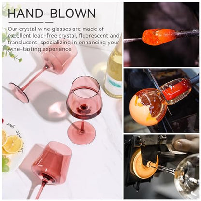 Rose Wine Glasses Set of 6,18oz Rose Wine Glassware Gift Set for Wife & Mom-Colorful Hand Blown Glass Drinkware for Red White Wine - color: Rose