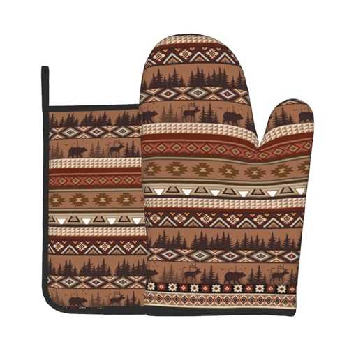 Rustic Bear Deer Oven Mitts and Pot Holder Sets Boho Ethnic Hot Pads Non-Slip Heat Resistant Kitchen Gloves for Baking Cooking Grilling BBQ - color: Rustic Bear Deer