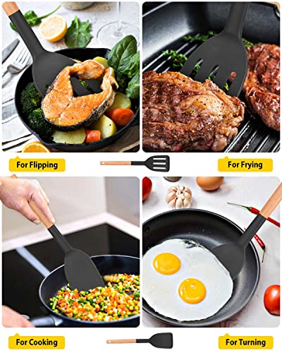 Pack of 2 Silicone Cooking Spatula, Heat Resistant Solid Turner, Non Stick Slotted Spatulas with Wooden Short Handle,Ideal Wood Kitchen Utensils Set for Frying, Baking, Flipping, Turning - color: Black