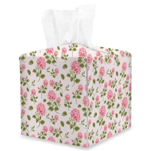 Roses Tissue Box Cover Square, Vintage Pink Rose Floral Cube Tissue Box Holder, Tabletop Decor Leather Facial Paper Organizer Dispenser for Bathroom Home Car Night Stand Living Room/09 - color: Roses