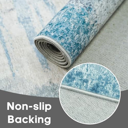8 Foot Washable Runner Rug: Non Slip Abstract Kitchen Entryway Carpet Blue | Bedroom - Soft Stain Resistant Easy Clean Mat for Family with Pets - color: Blue, size: 2'6" x 8' (Rectangular)