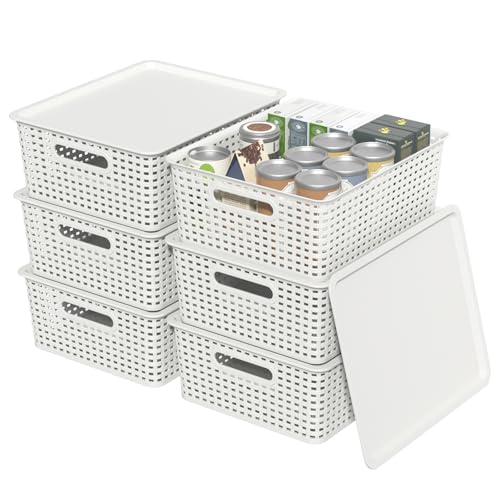 6 Packs Plastic Woven Storage Basket with Lid, Stackable Lidded Storage Baskets for Shelves (White)