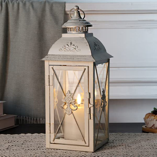 TRIROCKS Elegant Vintage Lantern - Decorative 13.5'' Metal & Glass Candle Holder - Perfect for Indoor & Outdoor Use, Patio, Garden, Parties - Sophisticated White & Gold Brushed Finish - color: White, size: 5.5'' x 5.5'' x 13''