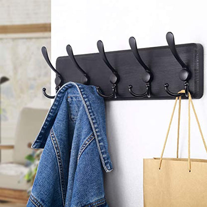 SKOLOO Rustic Wall Mounted Coat Rack: 16" Stud Spacing, Pine Real Wood Plank Wall Coat Rack with 5 Triple Hooks, Farmhouse Coat Hanger Wall Mount for Hanging Backpack Jacket Coat Hat - color: Black Plate & Black Hook, size: 1 Item-5 Hooks