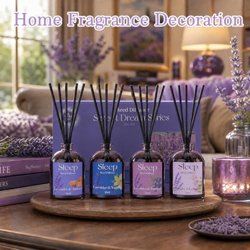 STRN Reed Diffuser Sets, 4 Lavender Scent Diffuser Summer Fragrance 200ML | Long-Lasting Geranium, Juniper, Vanilla, Amber Scents for Bedroom SPA Home - color: Purple 2