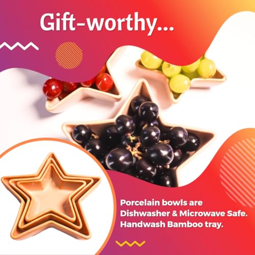 4-pc Porcelain Dip Bowl -Chips and Dip Serving Dish -Chips and Salsa Serving Dish; Chip and Dip Tray - Condiment Serving Tray; Dip Platter; Party Hosting Essentials - Ideal Gift Set - color: Light Brown, size: Stars