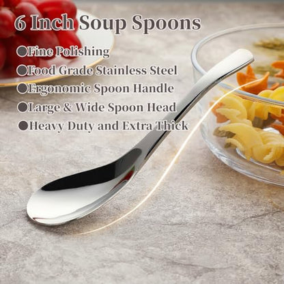 Stainless Steel Soup Spoons - 6 Inch Heavy Duty Asian Soup Spoon for Ramen, Rice, Tea, and Milk, Set of 4 Short Handle Ramen Spoons, Dishwasher Safe, Silver Chinese Table Spoon