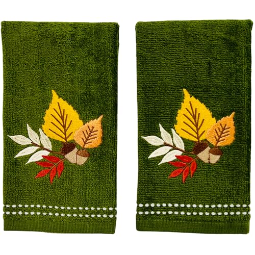 Autumn Fall Bath Fingertip Towels, Forest Olive Dark Green, 100% Cotton, Embroidered Fall Foliage Leaf Design, 2 Piece Set, 12" x 18" - color: Fall Foilage