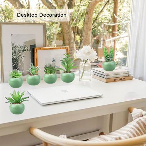 GREENTIME 6Pcs Artificial Succulents in Ceramic Pots Fake Potted Plants | Small Fake Succulents Zero Care for Bathroom Bedroom Desk Office Table Shelf Living Room Vanity Cabinet Windowsill - color: Green-light Green Round Pot