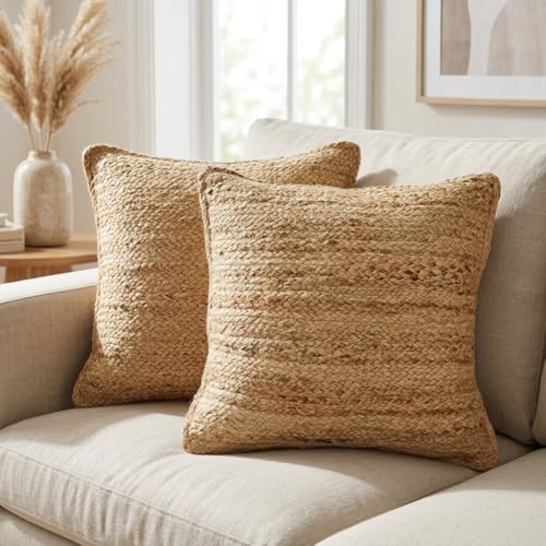 The Fine Living Co. Jute Pillow Covers 18x18, Set of 2 Jute Cushion Covers | Braided Jute Throw Pillows, Indoor Outdoor Boho & Farmhouse Decor, Natural Decorative Pillow for Couch Living Room & Patio - color: Natural 18x18 - Set of 2
