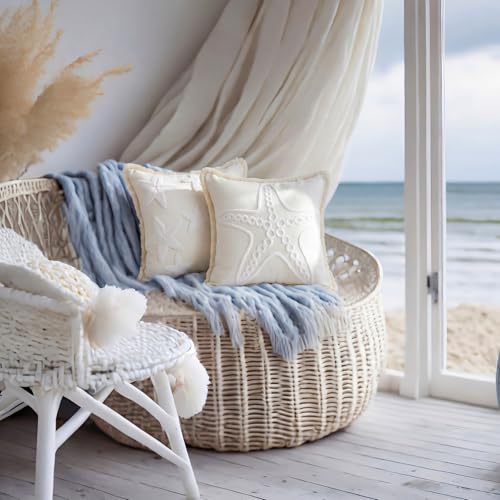 2 Pcs Starfish Pillow Covers 18 x 18 Inch Beige Coastal Beach Pillowcase | Embroidered, Soft Plush, Boho Summer Nautical Couch Cushion Case for Summer Chair Sofa Bedroom Living Room