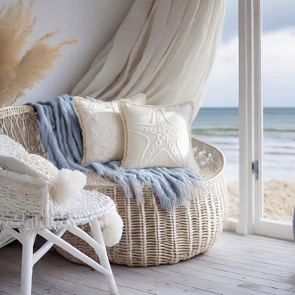 2 Pcs Starfish Pillow Covers 18 x 18 Inch Beige Coastal Beach Pillowcase | Embroidered, Soft Plush, Boho Summer Nautical Couch Cushion Case for Summer Chair Sofa Bedroom Living Room