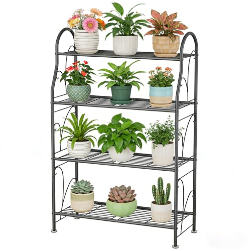 SORCEDAS 4 Tier Metal Plant Stand Indoor Outdoor Corner Flower Shelf | Plant Rack for Multiple Plants, Space-Saving Plant Holder for Patio, Garden, Balcony, Living Room - size: 4 Tier-Dark Grey