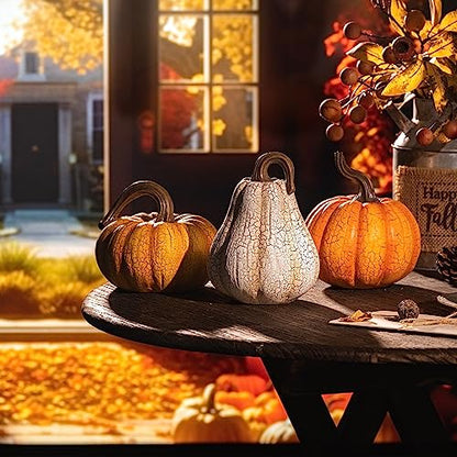 Valery Madelyn Fall Pumpkin Table Decor Cracked Pumpkin Figurine Fall Decoration for Home, 3pcs Resin Autumn Harvest Thanksgiving Halloween Party Tabletop Centerpieces, 6.7 inch - size: Large