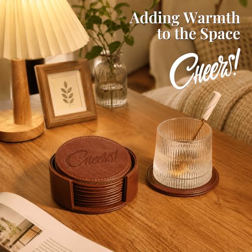 Coasters for Drinks Set of 6 with Holder, 6-Piece Leather Coasters with Embossed Cheers Marks - Durable Drink Coasters Set for Home, Bar, or Office - Brown - color: Brown