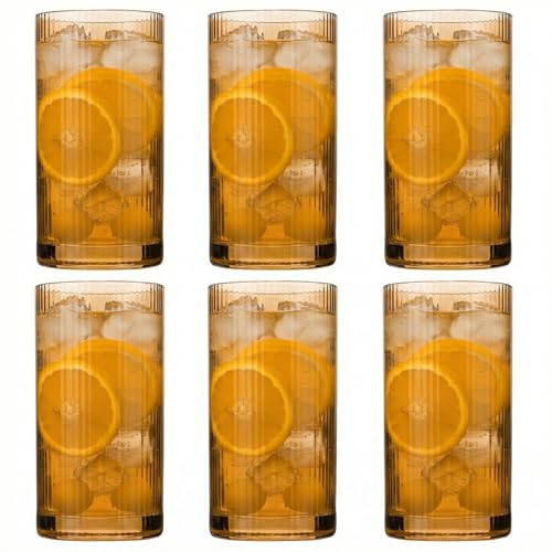 Physkoa Brown Ribbed Drinking Glasses Set of 6 – Vintage Embossed Highball Glassware, Thick Durable Tumbler Cups for Water, Juice, Cocktails, Iced Coffee, Kitchen Bar Gift Set - color: Brown