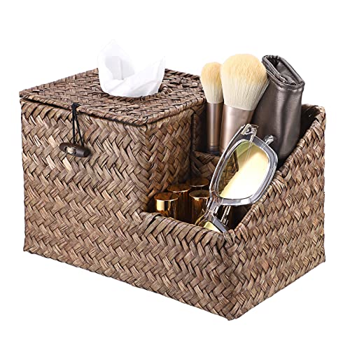 Sumnacon Square Woven Tissue Box Cover - Decorative Cube Tissue Box Holder with Side Organizer, Rustic Seagrass Tissue Box for Living Room Vanity Night Stand Table Countertop Office,Coffee - color: Coffee