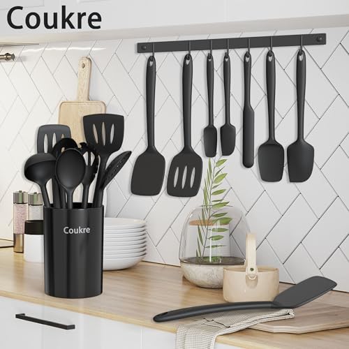 Coukre Silicone Kitchen Cooking Utensils Set, Heat Resistant, 14-Piece | Dishwasher-Safe, Food-Grade Silicone, BPA-Free, Spatulas, Spoons & Turner, Safe for Nonstick Cookware, Pure Black - color: PureBlack