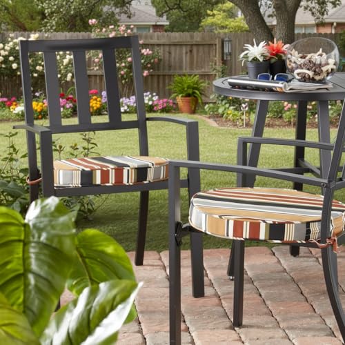 Greendale Home Fashions Set of 2 Outdoor 18 inch Round Patio Dining Chair Pads – Comfortable Fiber-Filled Seat Cushions with Ties, Reversible Polyester Fabric, Brick Stripe - color: Brick Stripe