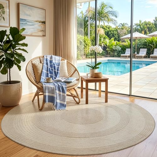 LUMI 5' Round Natural Jute Area Rug, Braided Farmhouse Rug | Non Slip No Shedding Neutral Carpet, Indoor Outdoor Rug for Living Room, Dining Room & Patio - color: Beige-round, size: 5'x5'